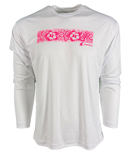 White Sukasa Floral Band Long Sleeve Performance Tee featuring a pink floral band graphic across the chest.