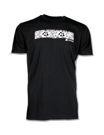 Black Sukasa Floral Band Tee featuring a large white floral band graphic across the chest.